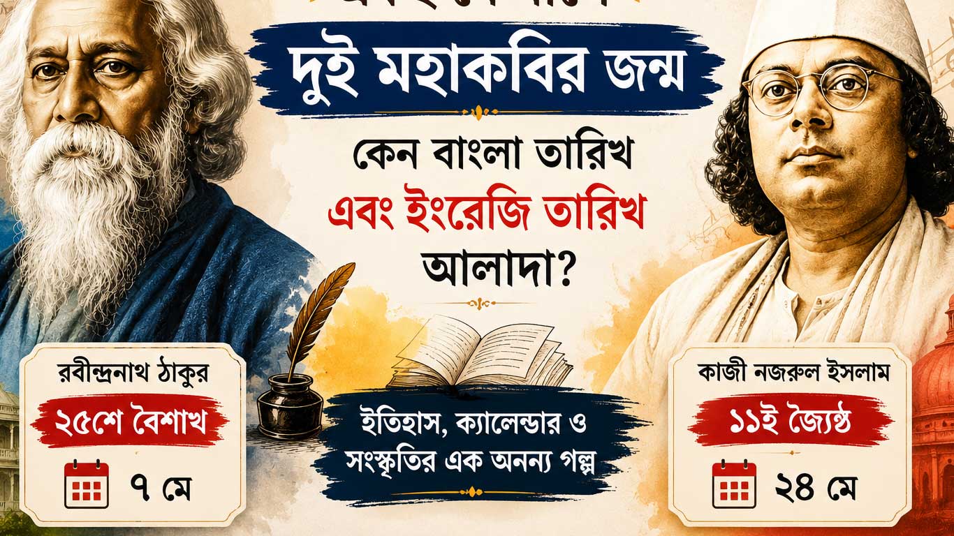 রবীন্দ্রনাথ ঠাকুর ও কাজী নজরুল ইসলাম: বাংলা ও ইংরেজি তারিখের জন্মজয়ন্তীর পার্থক্য রবীন্দ্রনাথ ও নজরুলের জন্মতারিখ