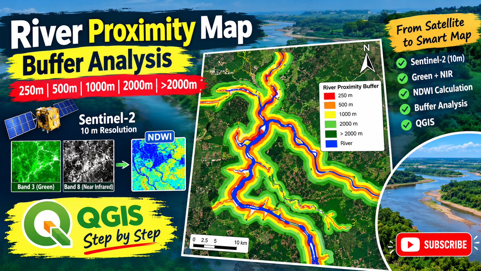 Tutorial of River Proximity Map+ QGIS+ Snetinel 2 Satellite Image Link